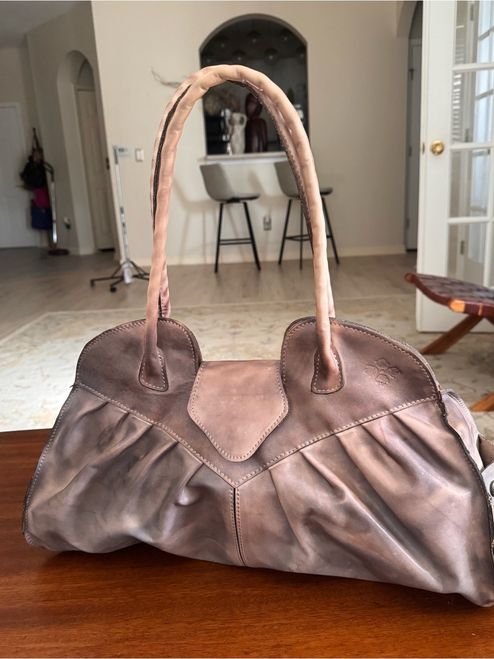 Patricia Nash Lione XL Taupe Brown Leather Pleated Satchel Handbag 18” - Picture 3 of 13